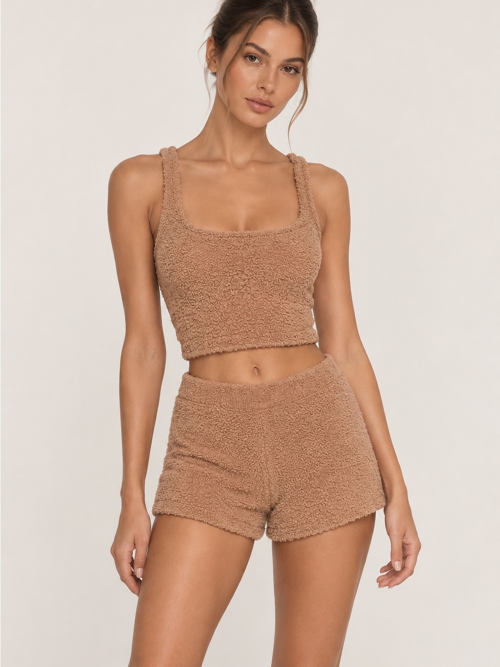 Skims SET | S/M | Cozy Knit Teddy Shorts & Tank Loungewear Set in Camel